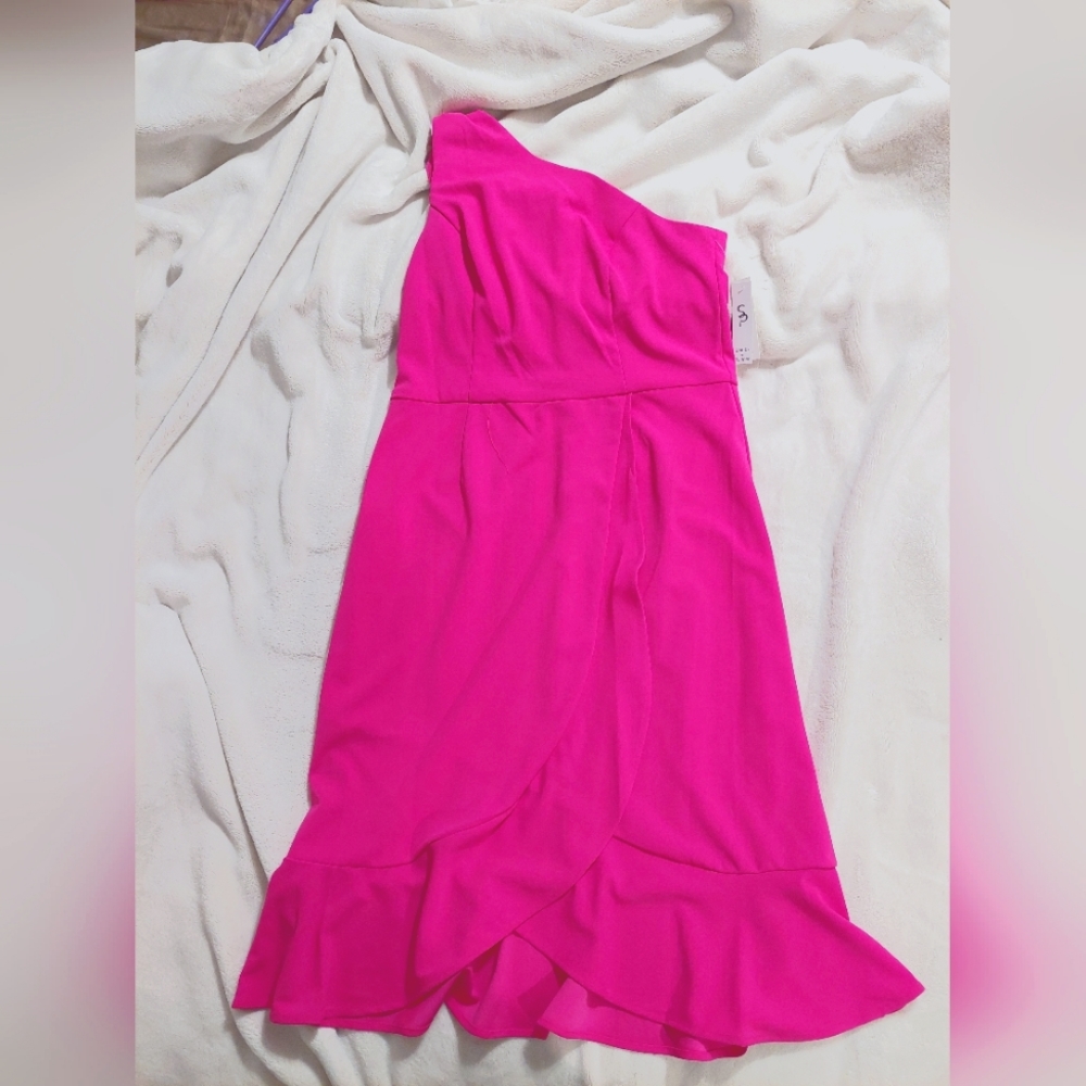 Neon pink one shoulder mid dress